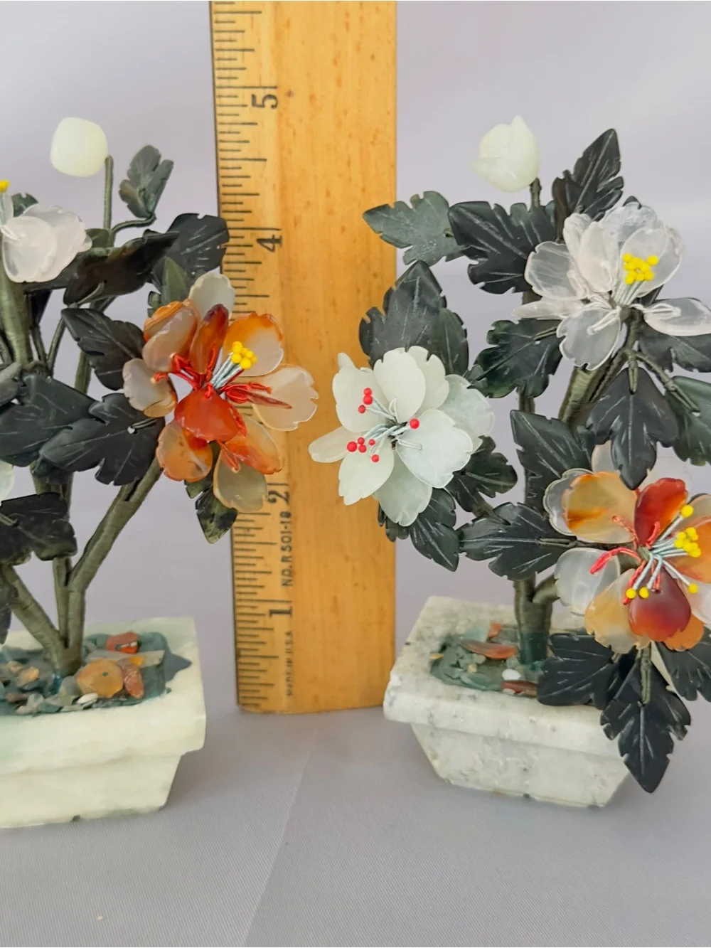 Asian Jade Hardstone Flower Bonsai Trees Jade Planter Pair - White and Orange